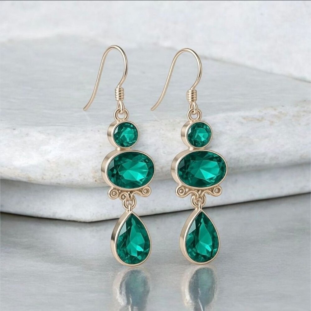 Artisan ✦ Paraiba Tourmaline 3‑Stone Drop Earrings ✦ Sterling Silver Handmade - Picture 4 of 11